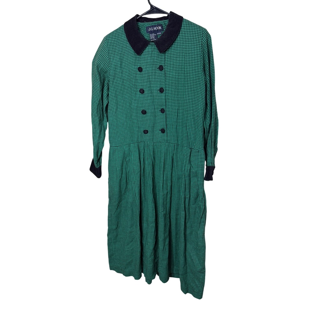 JG Hook Vintage 90s Green Gingham Double Breasted Dress Corduroy Collar Petite 4